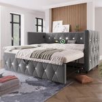 BTM Daybed with Trundle, Pull Out Bed with USB &Type C Charging Sations, Upholstered Single Bed with Trundle, Velvet Single Sofa Bed, 3FT-90x190cm, Grey