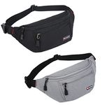 2 Packs Fanny Packs for Men and Women, Waterproof Sports Waist Pack Bag Hip Bum Bag for Travel Hiking Running, Black + Gray, S