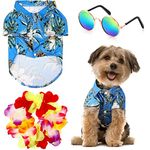 3 Pieces Pet Dog Hawaiian Costume, Includes Puppy Dog's Cool T-Shirts Summer Clothes, Funny Cute Dog Retro Fashion Sunglasses and a Colorful Wreath for Small to Medium Dog (Blue Series)