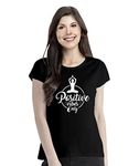 Pooplu Women's Regular Fit Positive Vibes Only Cotton Graphic Printed Round Neck Half Sleeves Cotton Yoga T Shirt. Yoga, Pootlu, Gym, Exercise.(Oplu_Black_X-Large)