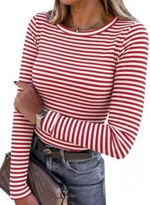 ANRABESS Women Long Sleeve Shirts Ribbed Fitted Tops,Red White,S