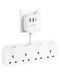 Multi Plug Extension with 3 USB (1 Type C), 4 Way Plug Adapter with Individual Switches, Short Cable Extension Lead Socket Adaptor (White)