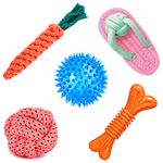 RvPaws Toys for Puppies & Small Dogs Toys Spike Teether Ball Toy | Rope Ball Toy | Gums Cleaner Correct Rope Toy | Cotton Poly Mix Chew Slipper Dog Toy | Rubber Chew Bone Toy Pack of 5