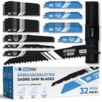 Effektwerk Reciprocating Saw Blades (32 Pieces) w/Storage Case, Carbide Steel Replacement Saw Blade Set for Tree Pruning, HCS & Bi-Metal Sabre Saws for Wood, Metal & Plastic