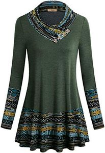 Miusey Sweatshirts for Women,Ladies Cowl Neck Pullover Tunic Shirts Long Sleeve Flowy Top Fall Clothes Patchwork Vintage Print Church Wear Elegant Blouse Dark Green XL