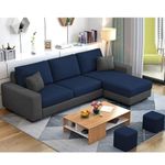 FURNY Arvon 4 Seater Fabric RHS L Shape Sofa Set - Right Side Lounger (Blue-Dark Grey)