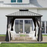 Domi Hardtop Gazebos 8x8FT, Aluminum Metal Gazebo with Galvanized Steel Double Roof Canopy, Curtain and Netting, Permanent Gazebo Pavilion for Patio, Backyard, Deck and Lawn, Grey