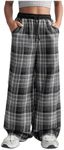 SHENHE Girl's Plaid Print Drawstring Wide Leg Pants High Waist Loose Long Pants with Pockets Black and White 11 Years