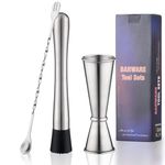 Gbuxska Muddler for Cocktails, 10 Inches Bar Spoon, 1 oz 2 oz Double Jigger- Premium 3 Piece Silver Mixing Tools Set for Drinks