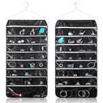 Flexzion Hanging Jewelry Organizer with Zippered Pockets - (1 Pack) Black Closet Jewelry Organizer Storage with Hanger, 56 Pockets Dual Sided Earring Organizer Hanging for Bracelets, Watches, Ring