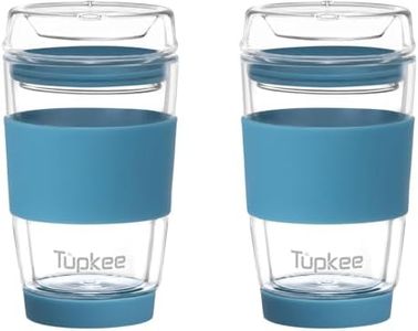 Tupkee Double Wall Glass Tumbler - 8-Ounce, All Glass Reusable Insulated Tea/Coffee Mug & Lid, Hand Blown Glass Travel Mug - Niagara - 2 Pack