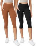 ODODOS ODLEX 2-Pack High Waist Workout Capris with Pockets for Women, 19" Yoga Capri Leggings, Black+Caramel, X-Small