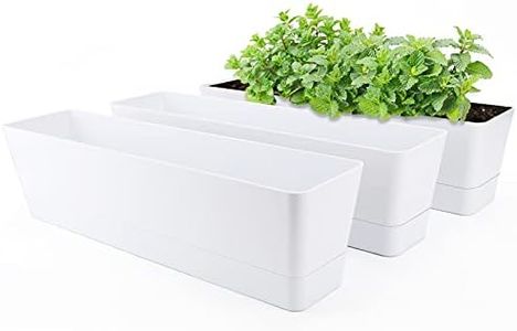 GREANER Window Boxes Planters, 3PCS 16x3.8 Inch Large Herb Planters with Tray, Indoor Succulent Cactus Flowers Vegetable Plastic Rectangle Pots for Balcony, Office, Garden, Outdoor, Windowsill (White)