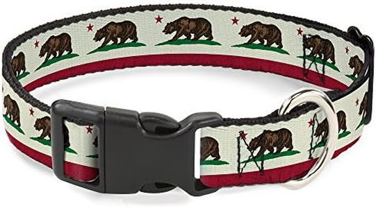 Buckle-Down Plastic Clip Dog Collar, California Flag Bear Weathered White, 13 to 18 Inch Neck Size x 1.5 Inch Width