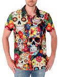 LINOCOUTON Mens Day of The Dead Dia De Los Muertos Shirt Mexican Sugar Skull Button Up Costume, Flower Skull, XX-Large