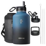 Insulated Water Bottle 2L, Coolflask Water Bottle with Straw & 3 Lids, Stainless Steel Insulated Water Bottle for Sports or Office, Double Vacuum Leak Proof Cold and Hot Water Bottle, Indigo Black