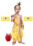 Raj Costume Fabric Fancy Dresses Shri Krishna Dress For Baby Boy & Girl, Janmashtmi Dress With Diaper-Friendly Dhoti & Dupatta, Mor Pankh Mukut (Yellow And Yellow, 6 Month)