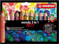 STABILO woody 3-in-1 - Multi-Talented Pencil - ARTY - Pack of 10 - Assorted Colours with Sharpener