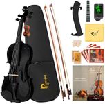 3/4 Acoustic Violin Fiddle, Black Violin for Beginners for Beginners Violin Starter Kit w/Case, Two Bows, Two Bridges, Two Rosins, Two 3/4 Strings Full Size Set, Shoulder Rest, Clip-on Tuner, Manual