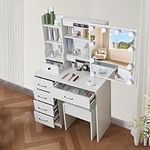 Vanrste Vanity Desk with Mirror & Light, 3 Lighting Modes Adjustable Brightness,5 Drawers Makeup Table with Stool for Women Girls