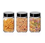 Vency Piramal Glass Cubical Square 300ml Transparent Glass Jars & Containers for Kitchen Pantry, Snacks, Masala, Pickles, Dry Fruits, Coffee Beans Storage with Black Plastic Lid (300ml, Set Of 3)