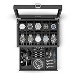 Vlando Watch Box with 10 Slots, 2-Tier Watch Display Case with Glass Lid, Removable Watch Pillows, Mens Jewellery Box, Gift for Loved Ones