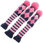 Craftsman Golf Knit Pom Pom 3pcs Headcover Set Vintange Sock Covers for Driver and Woods (Navy Argyle Pink White)