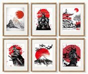 YUMKNOW Japanese Art Wall Decor - Unframed 8x10 Set of 6, Modern Minimalist Asian Oriental Decor for Living Room, Samurai Armor Warriors Prints Posters for Bedroom, Japan Red White Art Office Gifts