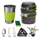 Camping Cookware Kit, ISFORU 10PCS Outdoor Cooking Mess Set Non Stick Pot and Pans Lightweight Backpacking Hiking Utensil Gear with Mini Stove for 1 to 2 People Traveling Trekking and Picnic