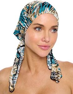 Ashford & Brooks Women's Pretied Printed Fitted Headscarf Chemo Bandana - Abstract Black/Aqua/Tan