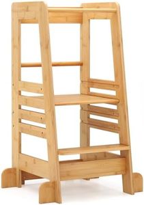 BABY JOY Toddler Standing Tower, Montessori Height Adjustable Kitchen Step Stool for Kids, Bamboo Kids Standing Tower w/Safety Rail, Learning Tower Stool for Bathroom Kitchen Counter, Natural