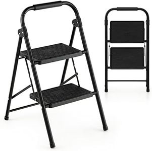 Costway 2 Step Ladder, Folding Step Stool w/ Padded Handgrip & Wide Anti-Slip Pedal, Lightweight Portable Metal Tool Ladder, 265 kg Capacity, Multi-Use Sturdy Ladder for Kitchen & Household (2 Step (Material: PP))