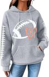 VILOVE Game Day Hooded Sweatshirt Women Funny Football Graphic Shirt Waffle Knit Game Day Pullover Hoodies Long Sleeve Grey