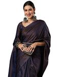 AKHILAM Women's Woven Design Zari Work Banarasi SIlk Saree With Unstitched Blouse Piece (Navy Blue_SOHNA2003)