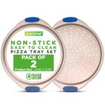 NutriChef Pizza Tray, Nonstick Baking Pan with Perforated Holes, 2 Piece-13-Inch, Round Carbon Steel Premium Bakeware Pizza Screen with Silicone Grip Handles, Dishwasher Safe - Champagne Gold