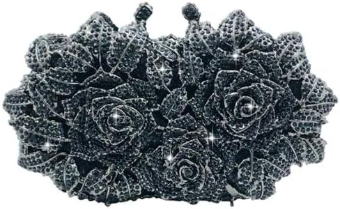 Boutique De FGG Dazzling Flower Evening Bags For Women Formal Party Rhinestone Handbags Wedding Crystal Clutch Purse,Black,Mini