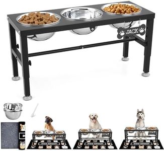 SHAINFUN Metal Elevated Dog Bowls Stand for Large Dogs with Mat & Three 58oz Food Water Bowls, Adjustable Height Raised Dog Bowl Stand