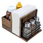 MyGift Rustic Burnt Solid Wood All-In-One Napkin Holder and Condiment Server Dining Caddy with 3 Salt and Pepper Shakers, Tabletop Napkin, Utensil and Seasoning Jar Holder Rack, 4 Piece Set