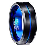 NUNCAD Tungsten Carbide Wedding Ring 8mm Black & Blue Line Brushed Finish Comfort Fit Size T