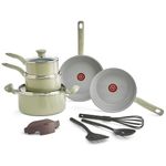T-fal Recycled Ceramic Nonstick Cookware Set 12 Piece, Oven Safe 350F, Pots and Pans, Fry Pan, Kitchen Tools, Green