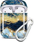 JIAXIUFEN AirPods Case Cover Gold Sparkle Glitter Marble Design Cute Full Protective Silicone TPU Skin Accessories for Women Girl with Keychain for AirPods 2 & 1 Charging Case - Dark Blue