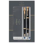 Parker IM Duo Gift Set with Ballpoint Pen & Fountain Pen | Gloss Black with Gold Trim | Blue Ink Refill & Cartridge | Gift Box