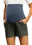 Maacie Pregnancy Shorts Casual Ruched Hem Elastic Waist Cotton Linen Shorts with Pockets Dark Army Green 2XL