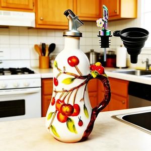 18 oz Hand-Painted Ceramic Relief Olive Oil Bottle Dispenser, with Handle Decorative Olive Oil Dispenser Bottle, Kitchen Ceramic Oil Vinegar Bottle Seasoning Bottle with Stainless Steel Spout & Funnel