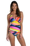 La Blanca V-Neck Halter Tankini Swimsuit Top, Multi//Sunscape, 12