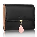 FT FUNTOR PU Leather Wallet for Women RFID-Blocking, Ladies Bifold Leaf Pendant Coin Zipper Small Purse with 5 Card Slots and 1 ID Window Card Holder Organizer (S-Black)