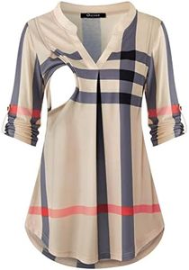 Quinee Breastfeeding Shirts for Women, 3/4 Rolled Sleeve V Neck Nursing Tops for Women Breastfeeding Maternity Shirts for Women Fitting Summer Spring Beige Plaid S