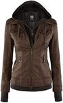 WJC664 Womens Faux Leather Jacket With Hoodie S Coffee