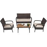 CASART Garden Furniture Set, 4 Piece Patio Conversation Set with Loveseat, Coffee Table and 2 Armchairs, Indoor Outdoor Sofa Set for Balcony Backyard Poolside (Rattan+Acacia Wood, with Cushions)