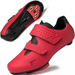 Mens Womens Cycling Shoes Compatible with Pelaton Road Bike Pelaton Shoes Riding Shoes Bicycle Pre-Installed Delta Cleats(Red,42)